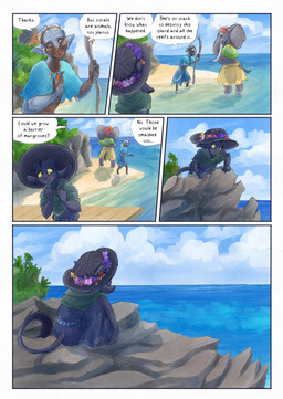 ambiguous_gender anthro biped black_body black_fur black_hair black_tail clothed clothing cloud dark_body dark_skin day dialogue dialogue_box docks ear_fins fin flower fur grey_body hair hat headgear headwear outside plant proboscis_(anatomy) sea speech_bubble split_form tail text trunk_(anatomy) water white_hair bjekkergauken mythology imbali_(bjekkergauken) isilo_(bjekkergauken) aquatic elephant elephantid humanoid mammal merfolk proboscidean unknown_species 2026 colored comic english_text hi_res