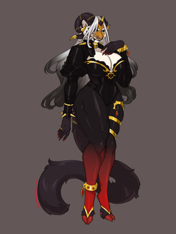 5_horns anklet anthro bell black_sclera bracelet breasts clothing collar colored_nails facial_piercing female forehead_horn gem gold_(metal) gold_anklet gold_jewelry hair hand_on_chest hooves horn jewelry latex latex_clothing looking_at_viewer multi_horn multicolored_body multicolored_hair muscular muscular_thighs nails nose_piercing nose_ring piercing red_nails ring ring_piercing ruby_(gem) simple_background solo spiked_bracelet spiked_collar spikes two_tone_hair white_hair goddamnitrobin hervy demon felid mammal pantherine tiger 2025 3:4 digital_drawing_(artwork) digital_media_(artwork) hi_res shaded signature gynomorph_(lore)