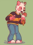 anthro bottomwear brown_body brown_fur cheek_tuft claws clothed clothing denim denim_bottomwear denim_clothing dessert disaster eye_spots facial_tuft food footwear freckles fully_clothed fur heterochromia holding_food holding_object ice_cream ice_cream_cone jeans licking male multicolored_body multicolored_fur open_mouth pants pigeon_toed pink_body pink_eyes pink_fur sad shirt shoes simple_background sneakers solo standing sweater teeth tongue tongue_out topwear tragedy tuft white_body white_fur worried worried_look yellow_eyes thehiggles bear giant_panda mammal digital_media_(artwork) hi_res