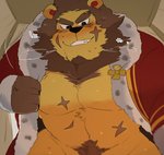 anthro blush clothing hair imminent_sex king looking_at_viewer looming male mane mane_hair muscular muscular_anthro muscular_male pecs pubes robe royalty scar solo undressing hyaku_(artist) animal_crossing nintendo elvis_(animal_crossing) felid lion mammal pantherine