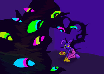 ambiguous_gender anthro bodily_fluids crying dark_room purple_background red_bow simple_background sitting solo tears engelstrompete glitch_productions the_amazing_digital_circus jax_(tadc) abstraction_(tadc) lagomorph leporid mammal rabbit hi_res