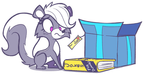 black_nose female feral fluffy fluffy_tail fur gift grey_body grey_fur pink_eyes solo tail white_body white_chest white_fur white_snout yellow_book mistermarkers for_dummies hasbro littlest_pet_shop littlest_pet_shop_(2012) pepper_clark mammal mephitid skunk striped_skunk 2013