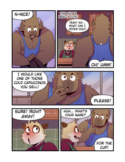 2_horns 5_panel_comic anthro apron asking_for_name barista blue_clothing blue_shirt blue_topwear blush blush_lines brown_body brown_fur clothing coffee_shop dialogue duo fur green_apron green_clothing hand_on_face head_horn horn inside male menu ordering_beverage red_clothing red_shirt red_topwear shirt tan_body tank_top text topwear work_uniform t0l0k brandon_(t0l0k) miguel_(t0l0k) bison bovid bovine herpestid mammal meerkat comic english_text hi_res multiple_scenes