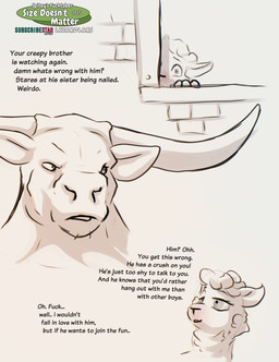 anthro being_watched big_horn biped blush dialogue female grey_eyes group horn looking_at_another male profanity text trio lizardlars bovid bovine caprine cattle mammal sheep 2025 absurd_res digital_media_(artwork) english_text hi_res