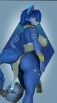 anthro armor big_butt blue_body blue_fur blue_hair blue_tail breasts butt butt_pose clothing curvy_figure dress female fur furgonomics gauntlets gloves gold_(metal) gold_jewelry gradient_background hair handwear jewelry looking_at_viewer pose simple_background smile smiling_at_viewer solo tail tattoo teal_eyes thick_thighs tribal tribal_tattoo voluptuous voluptuous_anthro voluptuous_female white_body white_fur thevestige nintendo star_fox warfare_machine krystal_(star_fox) warfare_krystal canid canine fox mammal 3d_(artwork) 9:16 digital_media_(artwork) hi_res source_filmmaker_(artwork)