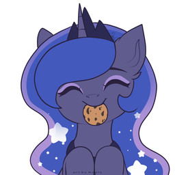 1_horn black_tiara closed_smile cookie crown ear_tuft eyelashes eyeshadow female female_feral feral food front_view grey_body hair happy headgear horn long_hair makeup monotone_background mouth_closed mouth_hold purple_eyeshadow purple_hair shaking simple_background smile solo sparkles sparkling_hair spiral_horn tiara tuft white_background nnalyart friendship_is_magic hasbro my_little_pony mythology princess_luna_(mlp) equid equine mammal mythological_creature mythological_equine unicorn 1:1 2026 2d_animation animated digital_drawing_(artwork) digital_media_(artwork) flat_colors hi_res high_framerate