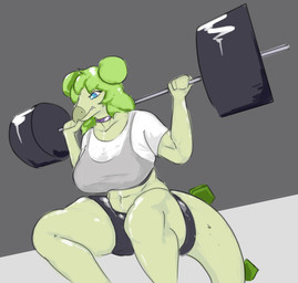 anthro barbell barbell_squats big_breasts blue_eyes bottomwear bra breasts choker clothing crop_top crouching exercise female green_body green_hair green_scales hair jewelry long_tail midriff necklace scales shirt shorts simple_background solo spikes spikes_(anatomy) sports_bra tail thick_thighs topwear underwear wide_hips workout unknown_artist cavemanon_studios goodbye_volcano_high ko_op_(game_developer) snoot_game stella_(gvh_beta) dinosaur ornithischian prehistoric_species reptile scalie stegosaurian stegosaurus thyreophoran 2023 digital_drawing_(artwork) digital_media_(artwork) hi_res