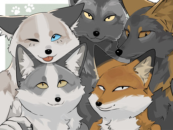ambiguous_gender anthro black_body black_claws black_fur black_inner_ear_fluff black_nose blep blue_eyes brown_inner_ear_fluff claws dipstick_ears ear_markings fingers fur group happy inner_ear_fluff multicolored_body multicolored_ears multicolored_fur orange_body orange_fur pink_tongue tan_inner_ear_fluff tongue tongue_out tuft whiskers white_inner_ear_fluff yellow_eyes miyuwo canid canine cross_fox fox mammal marble_fox red_fox silver_fox true_fox bust_portrait hi_res portrait