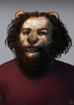 anthro beard biped brown_beard brown_facial_hair brown_hair clothing facial_hair fur green_eyes grey_background hair looking_at_viewer male red_clothing red_shirt red_topwear shirt simple_background solo topwear whiskers yellow_body yellow_fur lynxwolf bebey felid lion mammal pantherine 2021 hi_res