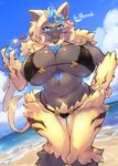 anthro big_breasts bikini blue_eyes breasts clothed clothing female fur huge_breasts looking_at_viewer outside seaside smile solo swimwear two-piece_swimsuit yellow_body yellow_fur tetto nintendo pokemon aurora_(nbanoob) felid generation_7_pokemon legendary_pokemon mammal pokemon_(species) zeraora hi_res