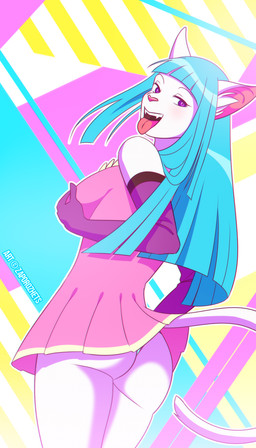 abstract_background anthro biped blue_hair breasts butt clothed clothing female hair holding_breast inner_ear_fluff open_mouth pattern_background purple_eyes simple_background solo standing tongue tongue_out tuft upskirt zaporozhets me!me!me! domestic_cat felid feline felis mammal 2016 4:7 digital_media_(artwork) hi_res