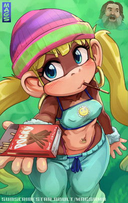 anthro beanie blonde_hair blue_eyes blush bottomwear breasts brown_body brown_fur clothing drawstring drawstring_bottomwear ear_piercing ear_ring female food fur grass green_hair hair hat headgear headwear high-angle_view hoop_ear_ring knit_hat looking_at_viewer male medium_breasts navel navel_piercing nipple_outline offering_food outside pants piercing plant pocky_in_mouth ring_piercing solo solo_focus standing sweatpants thong thong_straps twintails_(hairstyle) underwear wide_hips wristband magsama donkey_kong_(series) microsoft minecraft mojang nintendo pocky xbox_game_studios jack_black steve_(a_minecraft_movie) steve_(minecraft) tiny_kong ape haplorhine human kong mammal primate 2025 hi_res