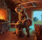 anvil blacksmith detailed_background doorway fire genitals hammer holding_object horn inside looking_at_object male muscular muscular_male navel non-mammal_navel nude penis penis_base smithing smithy solo standing tail tools sunhuiz mythology dragon mythological_creature mythological_scalie scalie absurd_res hi_res