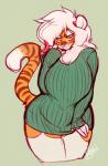 anthro clothed clothing countershading curvy_figure female green_clothing hair legwear looking_at_viewer pink_nose ribbed_clothing ribbed_sweater simple_background solo sweater thick_thighs thigh_highs topwear voluptuous white_hair buxbi buxbi_(character) felid mammal pantherine tiger 2017 watermark