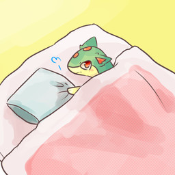 ambiguous_gender blush blush_lines feral futon looking_at_viewer pillow red_eyes solo under_blanket ratesiramizore nintendo pokemon generation_2_pokemon pokemon_(species) quilava 1:1