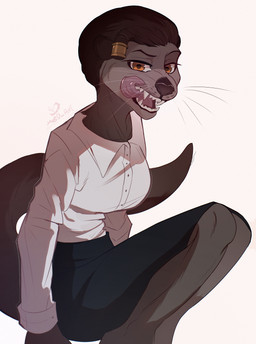 anthro bottomwear breasts claws clothing collared_shirt dress_shirt female legs_together licking licking_lips looking_at_viewer office_clothing office_lady pencil_skirt shirt sitting skirt small_waist solo tongue tongue_out topwear sdannii mammal mustelid otter absurd_res hi_res huge_filesize