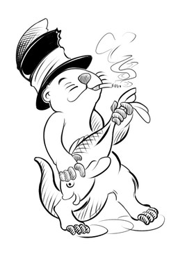 cigarette clothed clothing dancing duo happy hat headgear headwear partially_clothed simple_background smile smoke smoking white_background unknown_artist aquatic fish mammal mustelid otter black_and_white digital_media_(artwork) monochrome source_request