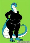 anthro athletic_wear big_breasts big_eyes bottomwear breasts claws clothed clothing exercise_clothing feet female fully_clothed green_background huge_breasts looking_at_viewer mature_anthro mature_female natural_breasts non-mammal_breasts overweight overweight_anthro pants purple_eyes sagging_breasts scales simple_background slightly_chubby slightly_chubby_female smile solo standing tail teal_body teal_scales thick_thighs toe_claws topwear white_body white_scales yoga_pants yerticus amethyst_(yerticus) reptile scalie snake colored colorful_theme digital_drawing_(artwork) digital_media_(artwork) flat_colors full-length_portrait hi_res portrait signature