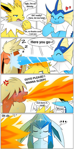 blue_body blue_eyes blue_fur cross-popping_vein dialogue ellipsis eyelashes eyes_closed fire fur group heart_symbol neck_tuft orange_body orange_fur simple_background tail text tuft water white_background yellow_body yellow_fur nakachidragon nintendo pokemon blizzy_(naka) burnie_(naka) coral_(naka) volta_(naka) eeveelution flareon generation_1_pokemon generation_4_pokemon glaceon jolteon pokemon_(species) vaporeon 2026 comic digital_media_(artwork) english_text hi_res