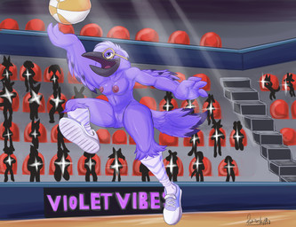 anthro ball basketball_(ball) bottomless bottomwear breasts clothed clothing exhibitionism eyewear feathers female footwear footwear_only genitals glasses group jumping mostly_nude non-mammal_breasts public public_nudity shoes skirt solo sport sportswear stadium uniform upskirt vulva wings daison_the_fox violet_raven_(valkyries) avian bird corvid corvus_(genus) oscine passerine raven hi_res
