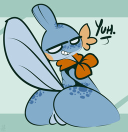 anthro anthrofied big_butt blue_body blue_eyes blue_scales blue_spots butt dialogue female fin freckles genitals grin half-closed_eyes head_fin kerchief looking_back markings narrowed_eyes no_pupils orange_body orange_cheeks orange_kerchief orange_scales pokemorph rear_view scales smile solo spots spotted_body spotted_scales tail tail_fin text thick_thighs vulva thefablednekos nintendo pokemon mabel_(thefablednekos) generation_3_pokemon mudkip pokemon_(species) 2022 dated digital_media_(artwork) hi_res