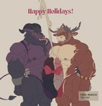 anthro antlers armpit_hair balls big_balls big_penis bodily_fluids body_hair bow_ribbon clothing cuff_(restraint) cum duo ejaculation genital_fluids genitals gift_wrapped holidays horn huge_penis male male/male muscular muscular_anthro muscular_male nipples penis restraints shackles speedo swimwear tail tongue remochi christmas krampus bovid caprine caprine_demon deer demon goat_demon mammal new_world_deer reindeer hi_res