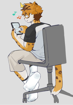 anthro bottomwear brown_body brown_fur cellphone clothing electronics fangs footwear fur fur_markings green_eyes hair male markings multicolored_body multicolored_fur pants phone shirt sitting smile socks solo spots spotted_body spotted_fur tail teeth topwear two_tone_body two_tone_fur joeyzliaotang felid leopard mammal pantherine hi_res