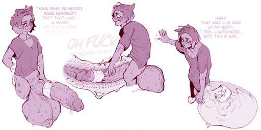 ambiguous_gender attribute_theft balls big_balls big_penis bodily_fluids clothed clothing condom cum cum_transformation exhausted femboy filled_condom genital_fluids genital_theft genitals glans huge_balls huge_penis humanoid_genitalia humanoid_penis hyper hyper_balls hyper_genitalia hyper_penis jewelry male male/ambiguous null nullification pantsless penis penis_theft sexual_barrier_device solo surprised text transformation 4thchorus animal_humanoid felid feline humanoid mammal mammal_humanoid 2:1 english_text hi_res