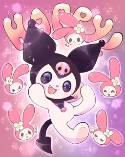 anthro beady_eyes blush bone chibi clothing cute_fangs duo exclamation_point eyes_closed fangs female flower fool's_hat hat headgear headless headwear heart_eyes heart_symbol hood looking_at_viewer open_mouth pink_background pink_nose plant semi-anthro simple_background skull smile smiling_at_viewer solo_focus spade_tail sparkles tail teeth text white_body yellow_nose flufflix onegai_my_melody sanrio kuromi my_melody demon lagomorph leporid mammal rabbit absurd_res digital_drawing_(artwork) digital_media_(artwork) hi_res
