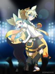 alternative_fashion anthro boots clothing concert cyberpop duo electronics footwear high_heeled_boots high_heels j-fashion male male/male microphone scarf shoes wand grafayay nintendo pokemon vocaloid aaron_akio aaron_the_braixen kagamine_len braixen generation_6_pokemon human mammal pokemon_(species) 3:4 hi_res