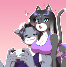 anthro black_body black_fur black_hair blue_eyes blush blushing_at_partner bottomwear bra breasts clothing duo female fur grey_body grey_fur hair hand_on_head impressed joystick looking_at_breasts male male/female pink_bottomwear pink_bra pink_clothing pink_shorts pink_sports_bra pink_underwear purple_undershirt shorts sports_bra tail underwear pak009 amanda_(smile4amanda) gojiro_(pak009) domestic_cat felid feline felis mammal russian_blue tuxedo_cat hi_res