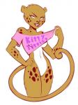 anthro bottomless breasts brown_body brown_fur clothed clothing clothing_lift crop_top featureless_crotch female fur green_eyes grin looking_at_viewer midriff naughty_face no_underwear pose shirt shirt_lift smile solo t-shirt text topwear under_boob jegc dc_comics justice_league cheetah_(dc) cheetah felid feline mammal 3:4 english_text hi_res pinup