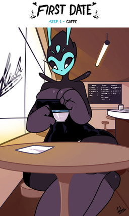 3_fingers antennae_(anatomy) barely_visible_underwear bedroom_eyes big_breasts black_clothing black_dress black_sclera blue_face breasts chair cleavage cleavage_overflow clothed clothing coffee_cup coffee_shop container crossed_legs cup curvy_figure dress eyelashes female fingers first_person_view furniture hourglass_figure huge_hips long_eyelashes looking_at_viewer looking_down narrowed_eyes on_chair receipt seductive shoulderless_dress sitting sitting_on_chair solo stirring table thick_thighs tight_clothing tight_dress wide_hips leyla0223 px_0-25 alien alien_humanoid humanoid 2026 2d_animation 3:5 animated animated_gif hi_res loop short_playtime signature