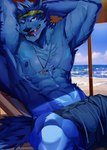 abs anthro beach blue_body blue_eyes blue_fur bottomwear bulge clothing eyewear flirting fur hands_behind_head jewelry long_tongue male muscular muscular_anthro muscular_male necklace nipples one_eye_closed pecs raised_arms seaside shorts solo sunglasses teeth tongue tongue_out umbrella wet wink tokuni lifewonders tokyo_afterschool_summoners tindalos_(tas) canid canine canis mammal wolf absurd_res hi_res