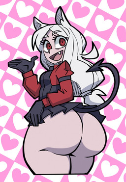 animal_ears big_butt black_clothing bottomwear breasts butt clothed clothing eyelashes fangs female female_humanoid gloves hair handwear heart_background long_hair looking_back open_mouth open_smile pale_skin pointed_tail red_clothing red_eyes simple_background skirt small_breasts smile solo teeth tied_hair topwear upskirt vest white_hair paraiiaxfused helltaker cerberus_(helltaker) animal_humanoid canid canid_humanoid canine canine_humanoid demon demon_humanoid humanoid mammal mammal_humanoid 2026 digital_drawing_(artwork) digital_media_(artwork) hi_res