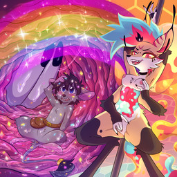 4_arms anthro areola blush breasts female fingering fingering_self fully_inside fur hair hands_behind_head internal larger_anthro larger_female male masturbation micro multi_arm multi_limb multicolored_body multicolored_fur multicolored_hair nipples open_mouth pole rainbow size_difference small_breasts smaller_anthro smaller_male unbirthing vaginal vore rebonica_(artist) hellaverse helluva_boss pocket_jabari queen_bee-lzebub_(helluva_boss) arthropod canid canine demon fox hybrid insect mammal mouse murid murine rodent 1:1 2023 absurd_res digital_media_(artwork) hi_res