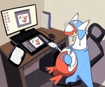 3_fingers absurd_res cape chair clothed clothing computer computer_mouse cosplay desk detailed_background electronics female feral fingers folder furniture generation_3_pokemon gloves handwear hi_res hoodie inside kuroyoshi_11 latias latios legendary_pokemon looking_at_viewer monitor nintendo office_chair pen pokemon pokemon_(species) red_body simple_background sitting smile solo table tablet topwear white_body yellow_eyes