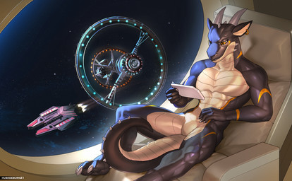 abs anthro black_body chair cheek_spikes countershading ear_piercing ear_ring electronic_device facial_spikes featureless_crotch furniture head_horn head_spikes holding_device horn male markings muscular muscular_arms muscular_thighs nude on_chair pecs piercing pronounced_browridge pupils ring_piercing round_window scales sitting sitting_on_chair slit_pupils solo space space_station spacecraft spiked_tail spikes spikes_(anatomy) tail tail_between_legs text vehicle ventral_scales window yellow_eyes yellow_markings huskeeburn21 elite:dangerous frontier_developments mythology revet dragon mythological_creature mythological_scalie scalie wingless_dragon 2026 artist_name digital_media_(artwork) hi_res