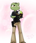 anthro apple_juice bendy_straw beverage blush clothing drinking_straw eyelashes female fingerless_gloves fingers gloves green_body green_skin gun handwear juice_(beverage) lips multicolored_body multicolored_skin p90 ranged_weapon scar simple_background solo standing submachine_gun text topwear vest weapon yellow_eyes sandwich-anomaly amelia_(sandwich-anomaly) amphibian frog 2017 digital_media_(artwork) english_text