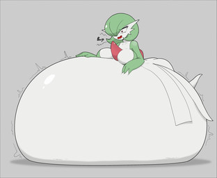abdominal_bulge ambiguous_gender ambiguous_prey belly belly_grab big_belly big_breasts breasts burping chest_spike clothing dress female female_pred green_body green_hair hair huge_belly hyper hyper_belly lying on_side overweight overweight_female pseudo_clothing red_eyes rumbling_stomach solo spikes spikes_(anatomy) vore white_body justapotato nintendo pokemon gardevoir generation_3_pokemon humanoid pokemon_(species) 2024 absurd_res hi_res