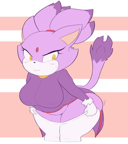 anthro belly big_breasts big_butt biped blush bodily_fluids bottomwear bottomwear_pull breasts butt butt_squish clothing clothing_pull coat dipstick_tail embarrassed eyelashes female forehead_gem front_view frown gem hair leaning leaning_forward looking_back markings pants pants_pull purple_body purple_hair raised_tail slightly_chubby slightly_chubby_anthro slightly_chubby_female solo squish standing struggling struggling_to_fit sweat sweatdrop tail tail_markings thick_thighs tied_hair topwear undersized_bottomwear undersized_clothing weight_gain white_bottomwear white_clothing white_pants wide_hips yellow_eyes princessofsmut sega sonic_the_hedgehog_(series) blaze_the_cat domestic_cat felid feline felis mammal 2025 digital_drawing_(artwork) digital_media_(artwork) hi_res portrait three-quarter_portrait