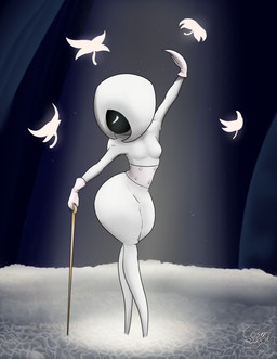anthro biped black_body breasts cane clothing cummerbund eyes_closed featureless_breasts female female_anthro gloves handwear holding_cane holding_object medium_breasts multicolored_body pose raised_arm solo spotlight standing thick_thighs two_tone_body white_body white_clothing white_gloves white_handwear wide_hips kawma hollow_knight:_silksong hollow_knight_(franchise) team_cherry lace_(hollow_knight:_silksong) arthropod 2026 absurd_res hi_res