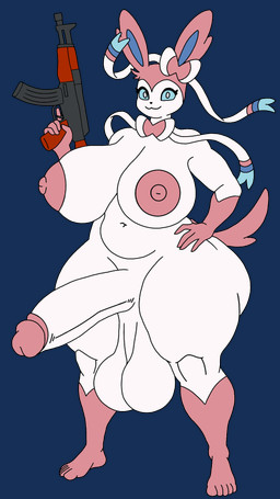 ak-47 ak_platform anthro assault_rifle balls big_balls big_breasts big_penis breasts curvy_figure genitals gun gynomorph huge_balls huge_breasts huge_penis hyper hyper_balls hyper_genitalia hyper_penis intersex penis ranged_weapon rifle smile solo standing voluptuous weapon wide_hips chudnari nintendo pokemon eeveelution generation_6_pokemon pokemon_(species) sylveon 9:16 alpha_channel hi_res