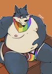 anthro belly belly_grab blush briefs clothing fur grey_body grey_fur hand_on_belly high-angle_view kerchief lgbt_pride male moobs multicolored_clothing multicolored_kerchief multicolored_neckerchief multicolored_underwear navel neckerchief nipples overweight overweight_anthro overweight_male pink_nipples pride_colors progress_pride_colors rainbow_clothing rainbow_kerchief rainbow_neckerchief rainbow_underwear shirtless_anthro shirtless_male shy sitting six-stripe_rainbow_pride_colors solo thick_thighs underwear realiron_(artist) lgbt_pride_month canid canine canis domestic_dog mammal 2022 absurd_res hi_res