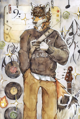 abstract_background anthro blue_eyes bottomwear brown_bottomwear brown_clothing brown_hair brown_nose brown_pants brown_topwear cheek_tuft clothed clothing facial_tuft front_view fur glistening glistening_eyes green_eyes hair looking_aside male messy_hair mouth_closed neck_tuft orange_body orange_fur pants short_hair solo sparkles standing topwear tuft white_body white_fur akatan_art canid canine fox mammal 2023 dated hi_res portrait signature three-quarter_portrait traditional_media_(artwork)