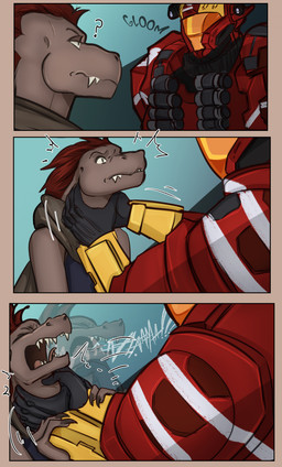 anthro armor duo faceless_character faceless_human faceless_male humor male male_anthro male_human neck_grab question_mark revenge sharp_teeth strangling teeth kraujas halo_(series) microsoft xbox_game_studios flux_(shoryuken92) alien human kig-yar mammal ruuhtian scalie spartan_(halo) absurd_res colored comic hi_res