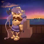 anthro armor bottomwear box clothing container male rope sea ship skirt solo sunset vehicle water watercraft cowardlion elephant elephantid loxodon mammal proboscidean 1:1 hi_res