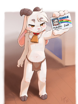 2_horns 4_fingers anthro bell bell_collar biped blush blush_lines bottomwear brown_bottomwear brown_clothing brown_loincloth cheek_tuft clothed clothed_anthro clothed_male clothing collar curved_horn eyebrows facial_tuft fake_id featureless_chest fingers floppy_ears fur glistening glistening_eyes grey_eyebrows holding_object hooves horizontal_pupils horn id_card loincloth lop_ears male male_anthro mouth_closed navel neck_tuft orange_eyes pink_inner_ear pink_nose pupils red_collar solo topless topless_anthro topless_male tuft unguligrade white_body white_fur young young_anthro young_male ajin 67_(meme) superbad ramsay_hornbrook bovid caprine goat mammal 2025 3:4 digital_media_(artwork) hi_res signature