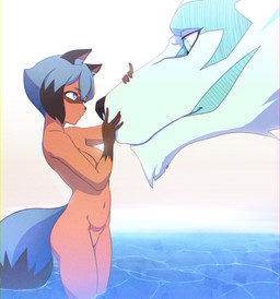 anthro black_body black_fur black_hair blue_body blue_eyes blue_fur blue_hair blush breasts brown_body brown_fur duo eye_contact female feral fluffy fluffy_tail fur hair hand_on_face interspecies looking_at_another male multicolored_hair nude partially_submerged petting skinny_dipping tail tanquito brand_new_animal studio_trigger michiru_kagemori shirou_ogami canid canine canis mammal raccoon_dog tanuki wolf 2020 absurd_res hi_res