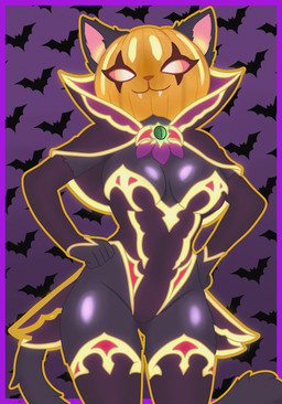 anthro anthrofied armwear border bottomwear bow_tie breasts cape cat_eared_creature cleavage clothed clothing collar elbow_gloves female for_a_head gloves glowing glowing_eyes green_eyes hand_on_hip handwear legwear leotard medium_breasts pattern_background pumpkin_head simple_background skirt solo tail thigh_highs netok league_of_legends riot_games tencent bewitching_yuumi yuumi_(lol) felid feline felis mammal object_head 2025 absurd_res digital_drawing_(artwork) digital_media_(artwork) hi_res